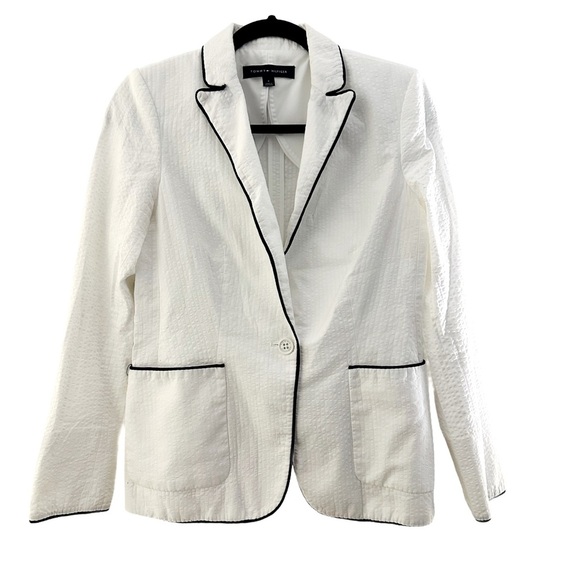 Tommy Hilfiger seersucker white blazer jacket with black piping Size 6 - Picture 3 of 13